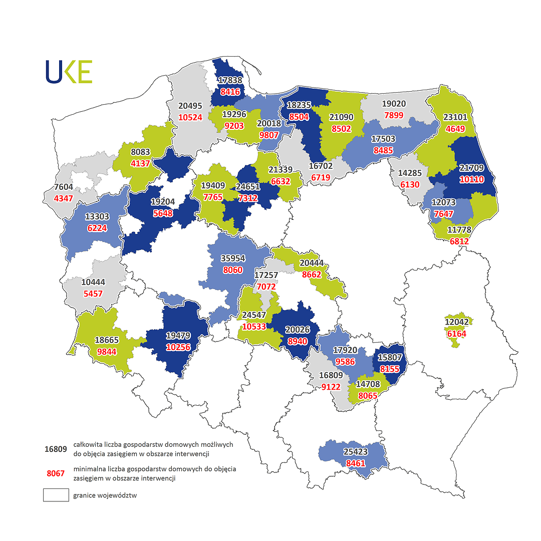 Mapa obrazująca liczbę gospodarstw domowych możliwych do objęcia zasięgiem oraz minimalną liczbę gospodarstw domowych, jaką należy objąć zasięgiem na wyznaczonych obszarach dla IV konkursu działania 1.1 POPC: